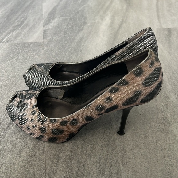 Pale Pink & Grey Glitter Cheetah High Heels peep toe size 7.5 - Picture 3 of 12